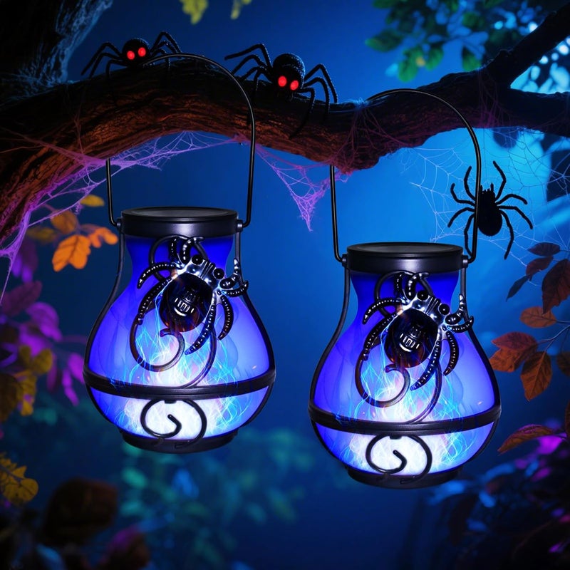X-PREK 2 Pack Halloween Lights Outdoor Spider Hanging Solar Lantern Flickering Flame Lights Garden Patio Porch Halloween Party Decoration - Image 1